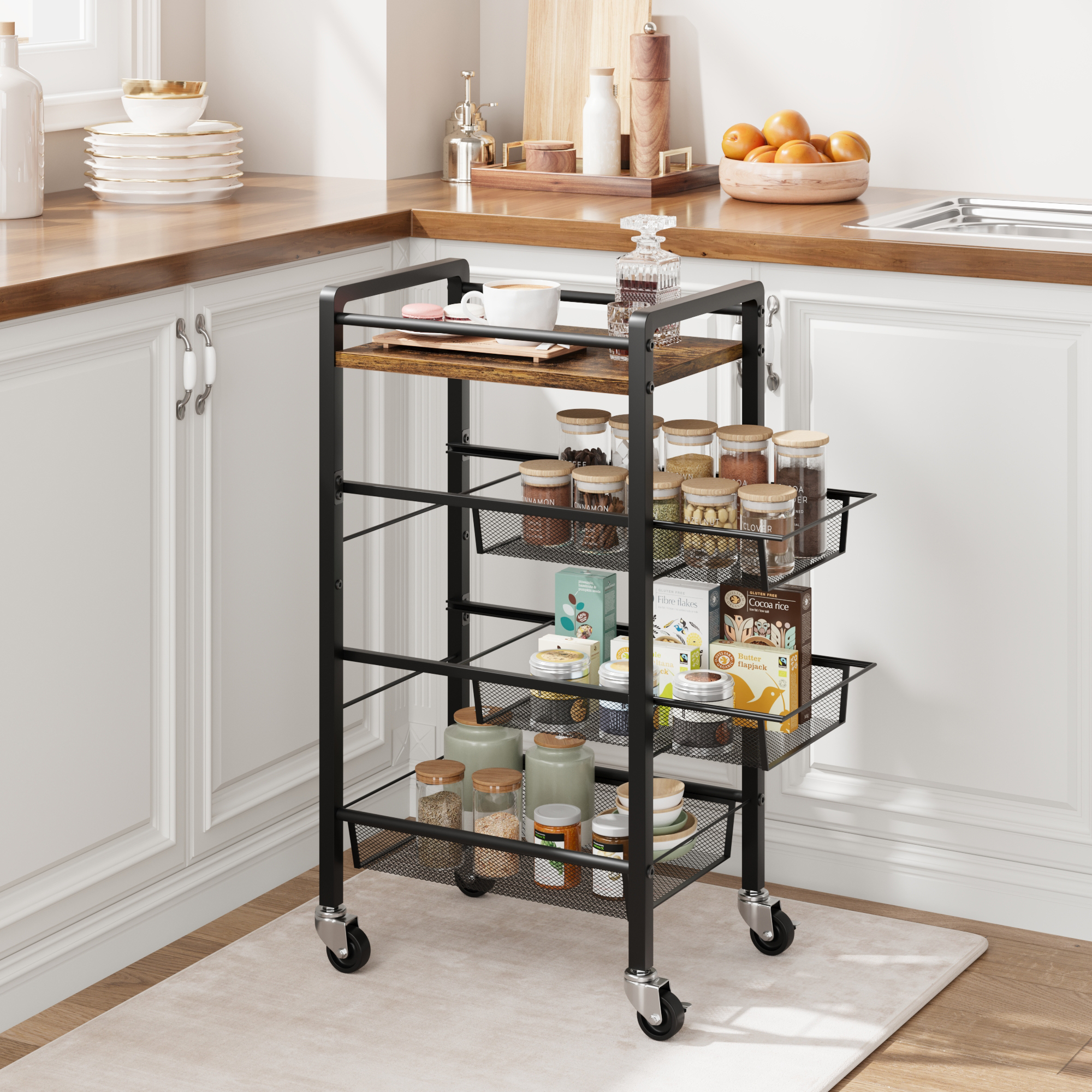 4 Tier Kitchen Storage Cart With Pull Out,Rolling Cart With Wheels