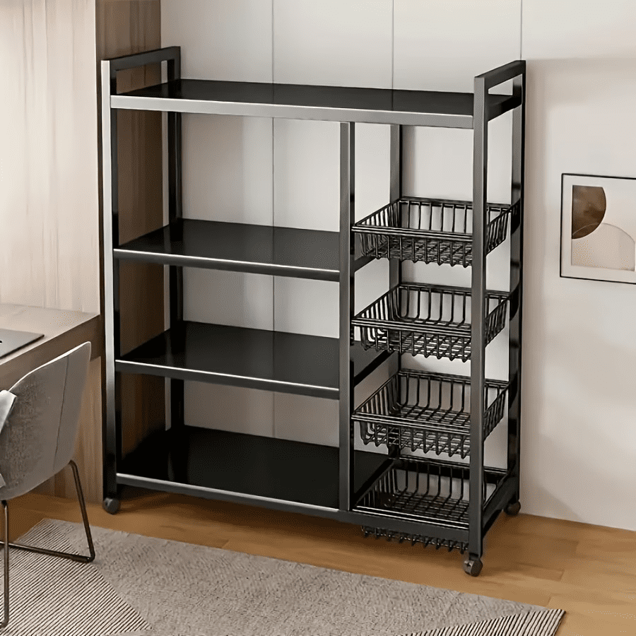 4-Tier Kitchen Storage Rack with Baskets, Rolling Microwave Stand with ...