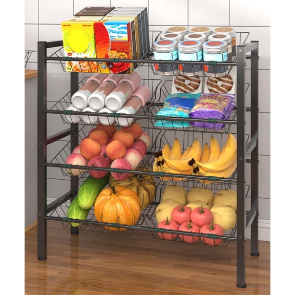 4-Tier Kitchen Storage Rack, Metal Pantry Storage Stand, Fruit Basket Stand with 8 Fruit Vegetable Baskets, Freestanding Snack Organizer Shelf Unit for Living Room, Office, Apartment, Black