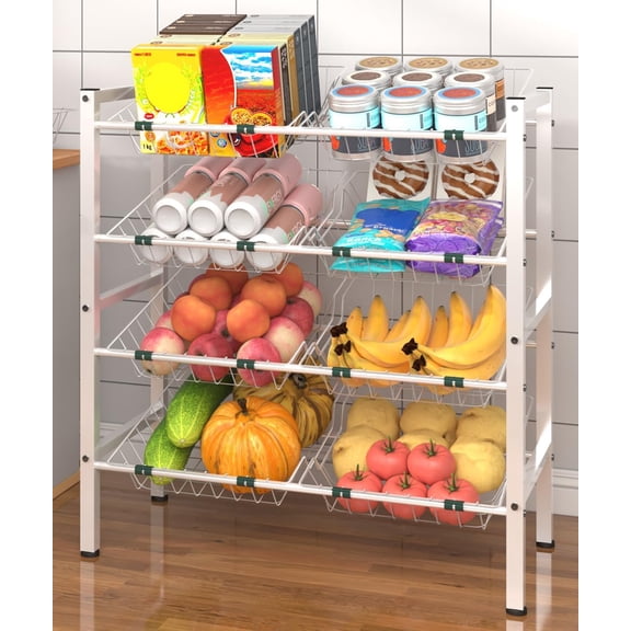 4-Tier Kitchen Storage Rack, Metal Pantry Storage Stand, Fruit Basket Stand with 8 Fruit Vegetable Baskets, Freestanding Snack Organizer Shelf Unit for Living Room, Office, Apartment, White