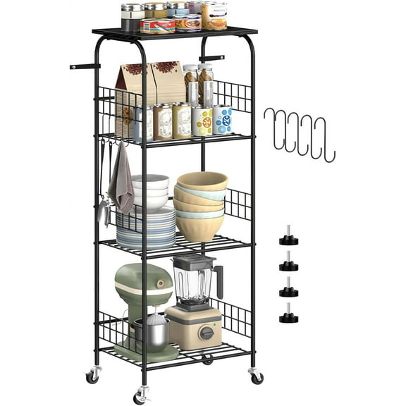 4 Tier Kitchen Storage Rack Metal Shelves with Wheels Large Capacity Shelving Unit Wire Mesh Small Microwave and Bakers Standing Rack Organizer for Kitchen Bathroom Pantry Black