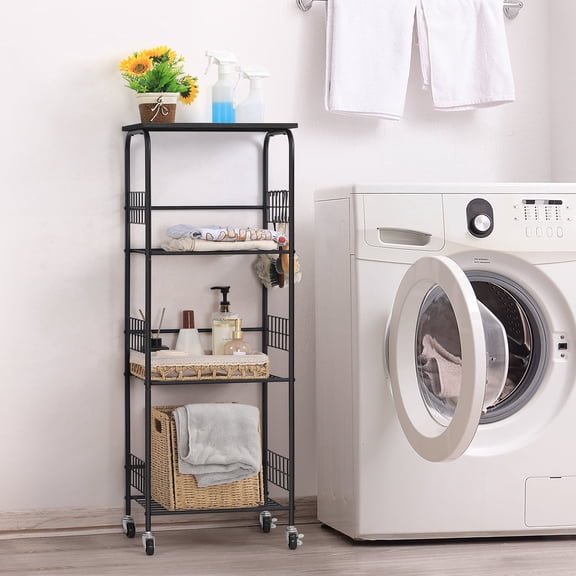 4 Tier Kitchen Storage Rack Metal Shelves with Wheels Large Capacity Shelving - Brown