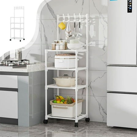 4-Tier Kitchen Storage Shelf - 130x41x30cm Plastic+Steel Pipe Rack with Casters & Hooks, Multi-Layer Floor Storage for Kitchen, Bathroom, Living Room，White