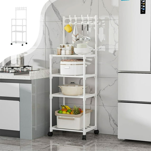 4-Tier Kitchen Storage Shelf - 130x41x30cm Plastic+Steel Pipe Rack with Casters & Hooks, Multi-Layer Floor Storage for Kitchen, Bathroom, Living Room,White