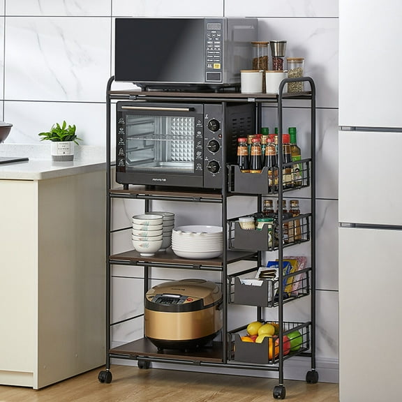 4 Tier Kitchen Storage Shelf with Push-Pull Drawers, Adjustable Feet, Metal Frame, Walnut Finish, Rolling Wheels for Easy Movement