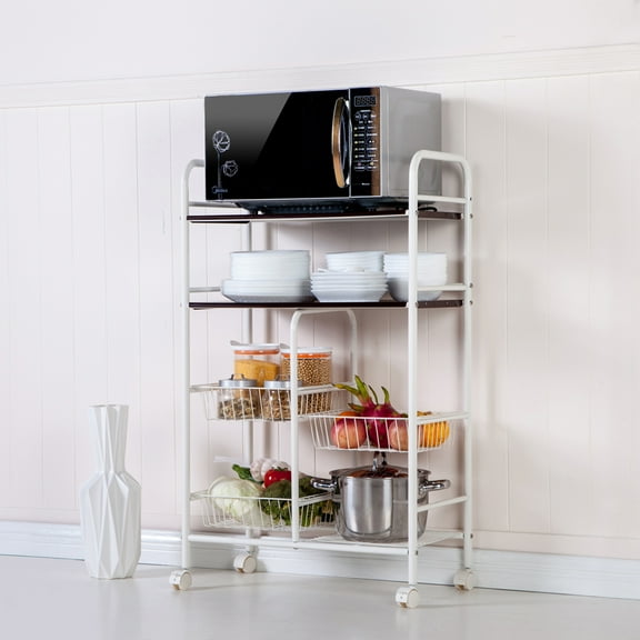 4-Tier Kitchen Utility Storage Carts with Wheels, 17.32'' x 10.24'' x 40.94'' Shelf Trolley with 3 Mesh Wire Basket and 2 Shelving Unit, Standing Spice Storage Cart for Microwave Oven, White, S13808