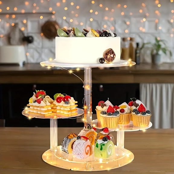 4-Tier LED Lighted Acrylic Cake Stand with Clear Round Layers, Premium Cupcake Tower Dessert Display Holder for Wedding Birthday Graduation Valentine's Day Party (AA Batteries Not Included)