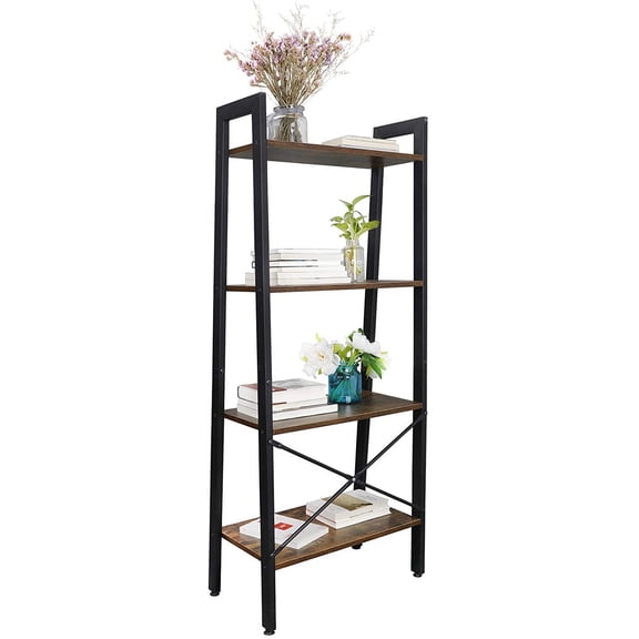 4-Tier Ladder Bookcase Industrial Bookshelf Storage Organizer Rack Wood Metal Frame for Living Room Bedroom Bathroom Kitchen