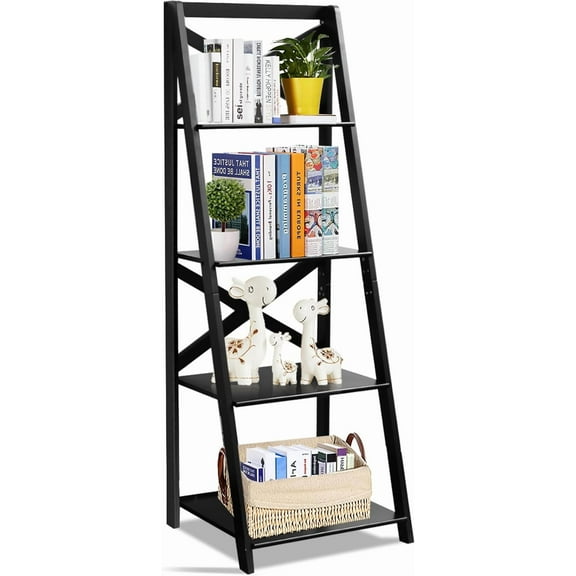 4 Tier Ladder Bookshelf, Leaning  Display Shelf, Modern Wooden Decor Bookcase, Free Standing Shelves for Living Room Bedroom Furniture Office Bathroom Organizer (1, Black)