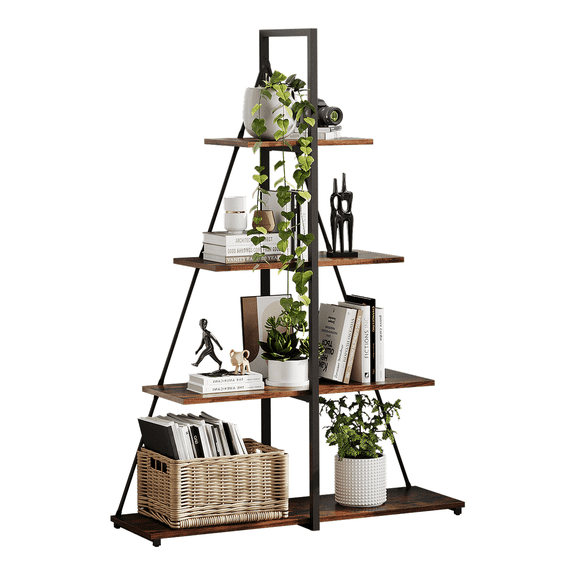 4-Tier Ladder Bookshelf, Versatile A-Shaped Bookcase, Tall Ladder Shelf Storage Organizer, Industrial Metal Frame Ladder Display Shelf for Living Room, Home Office, Black Iron+Retro Color Board