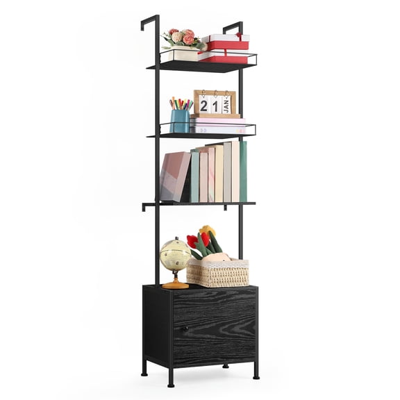 4-Tier Ladder Bookshelf with Drawers – Wall Mounted Storage Shelves, Black Industrial Metal Frame Display Shelf for Living Room, Bedroom, Office