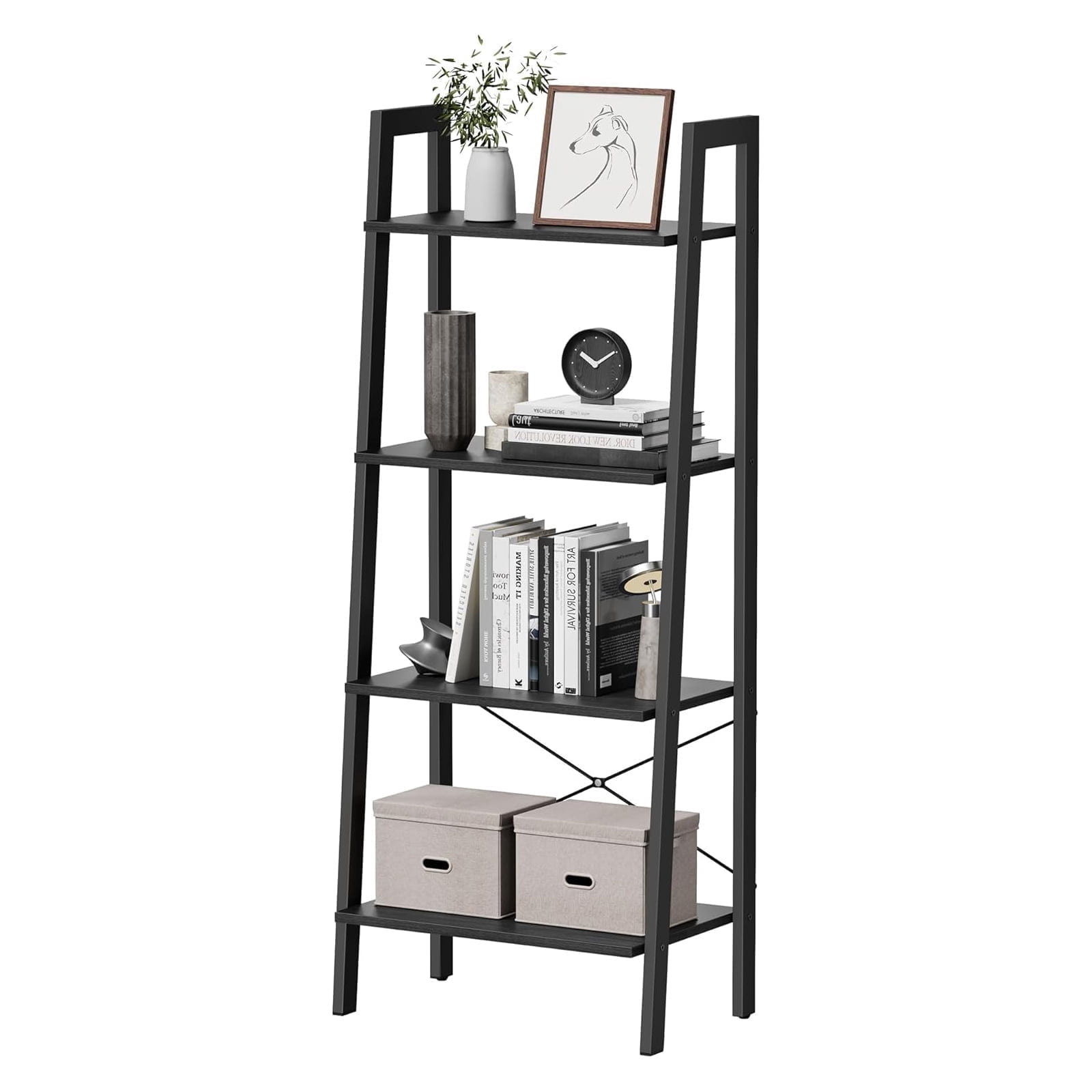 VASAGLE 4-Tier Ladder Shelf Ladder Bookshelf Bookcase Storage Rack with Steel Frame Charcoal Gray and Black