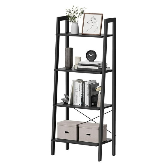 VASAGLE 4-Tier Ladder Shelf Ladder Bookshelf Bookcase Storage Rack with Steel Frame Charcoal Gray and Black