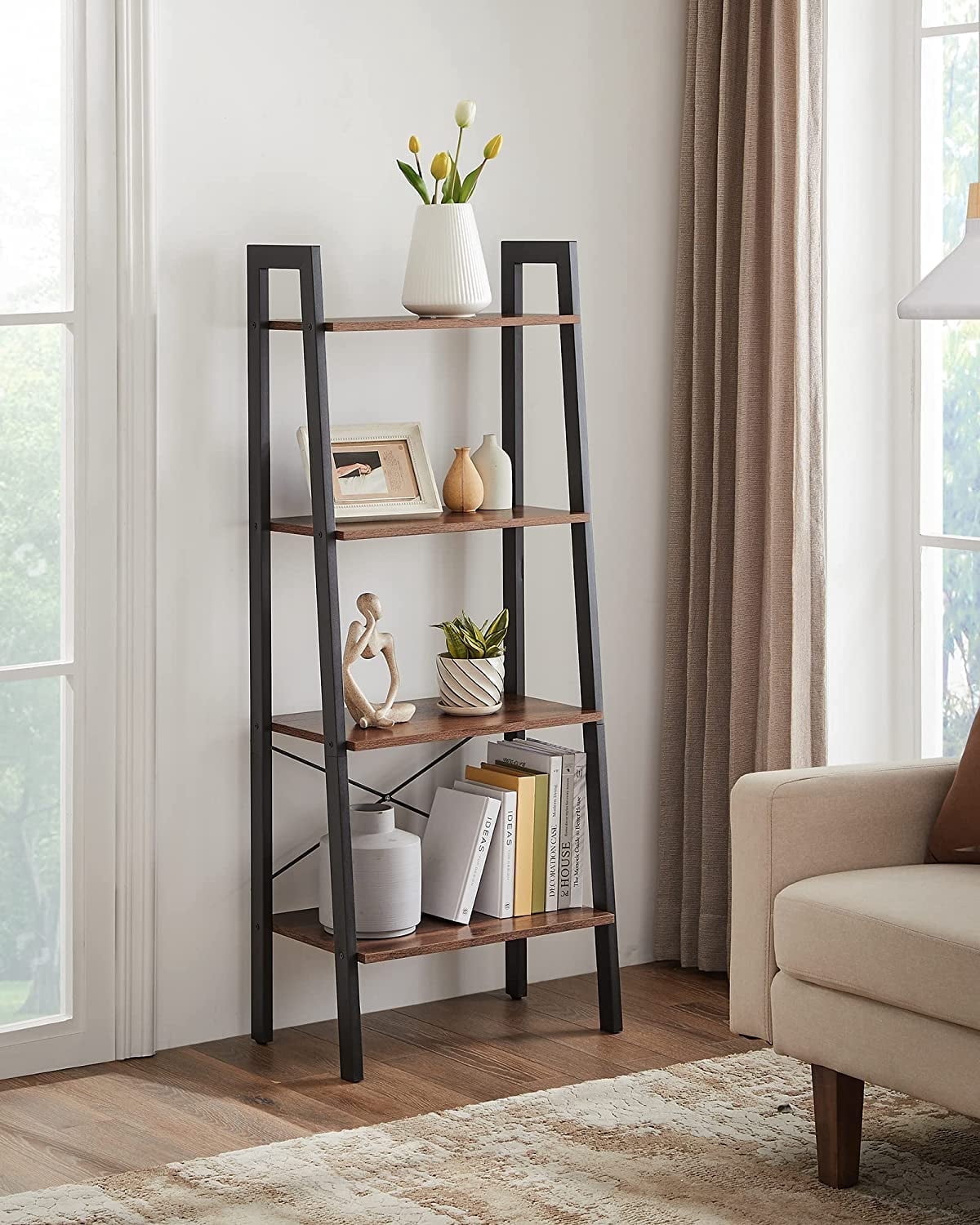 VASAGLE 4-Tier Ladder Shelf Ladder Bookshelf Bookcase Storage Rack with Steel Frame Hazelnut Brown and Black