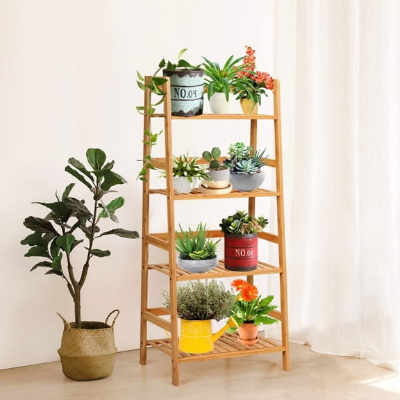 4-Tier Ladder Shelf Plant Stand, Bamboo Flower Pots Holder Display Rack, Multifunctional Ladder-Shaped Bookshelf Storage Shelves for Home Office Living Room Bathroom Bedroom Kitchen (Natural)