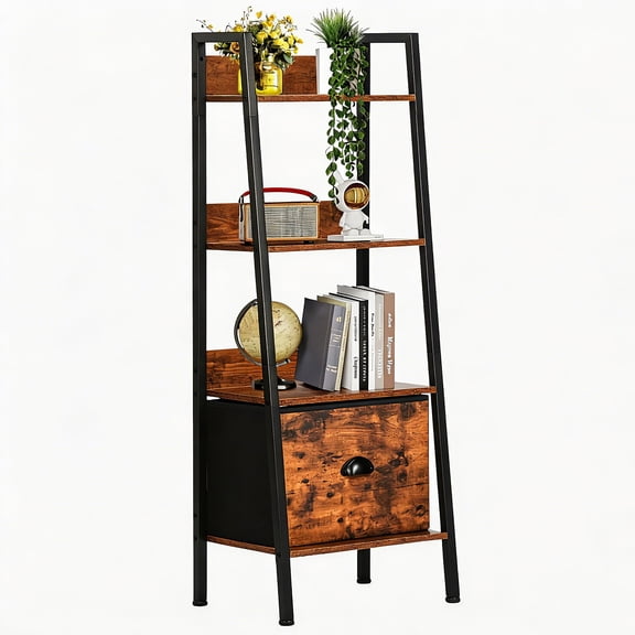 4 Tier Ladder Shelf with Removable Drawer, Bookshelf Bookcase Storage Rack Organizer, Freestanding Storage Shelf for Living Room, Home Office, Bedroom, Brown