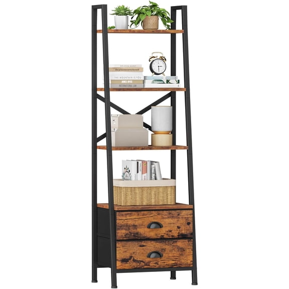 4-Tier Ladder Shelf,Small Bookshelf with 2 Drawers,Vertical Bookcase Storage Rack Organizer,Rustic Bookshelves for  Room,,Bathroom, Office,Kitchen,Rustic Brown