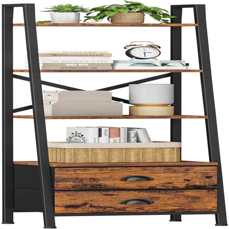 Rustic Brown 4-Tier Ladder Bookshelf with Drawers