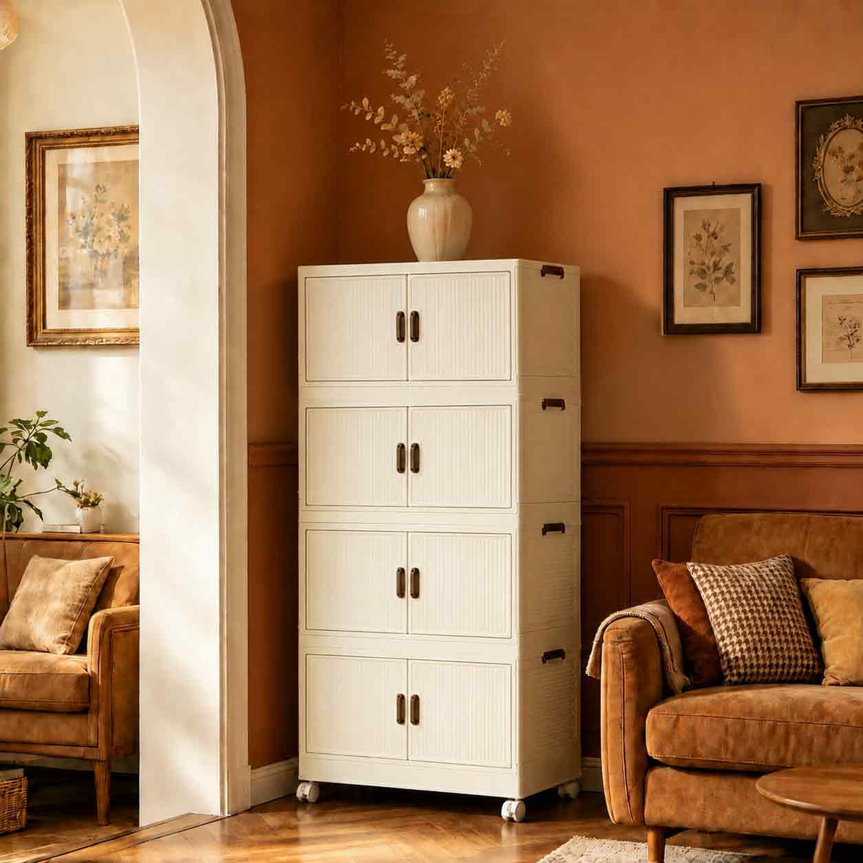 4 Tier Large Foldable Storage Cabinet with Wheels, Stackable Organizer Box for Kitchen Bathroom Bedroom Garage
