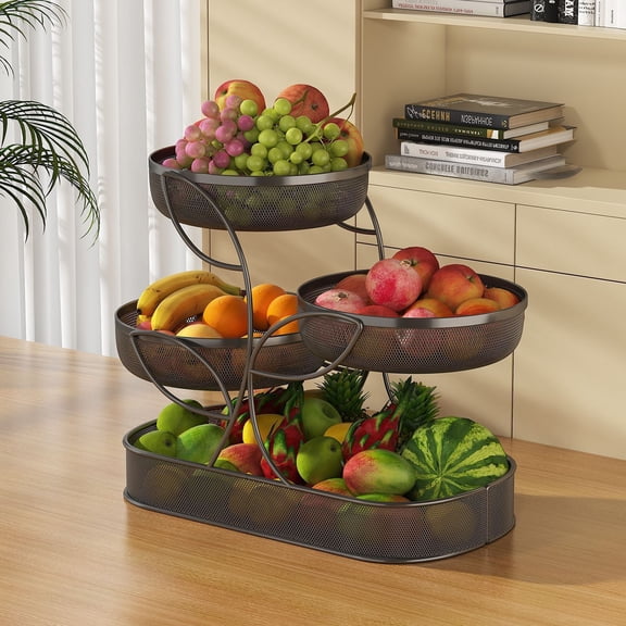 4 Tier Large Fruit Basket for Kitchen Counter , Metal Stackable Fruit Bowl for Kitchen Counter for Bread Vegetable Snacks, Black