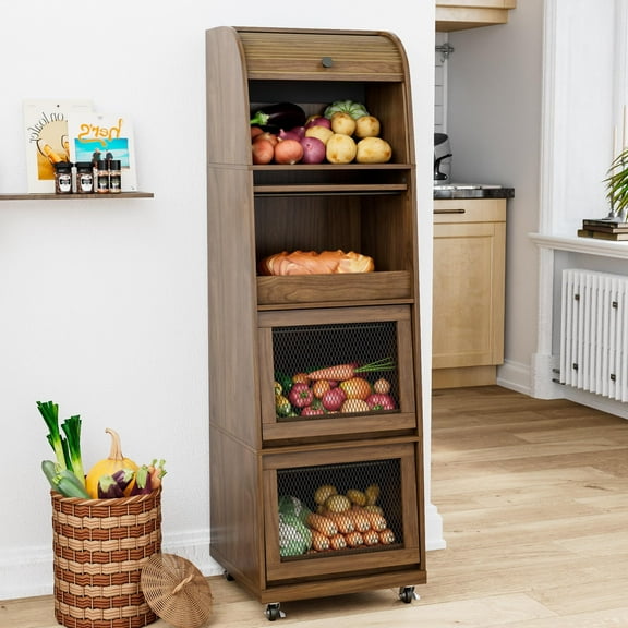 4-Tier Large Potato Storage Bin with Wheels, Tall Wood Onion Bin, Movable Fruit Vegetable Basket, Wooden Bread Box