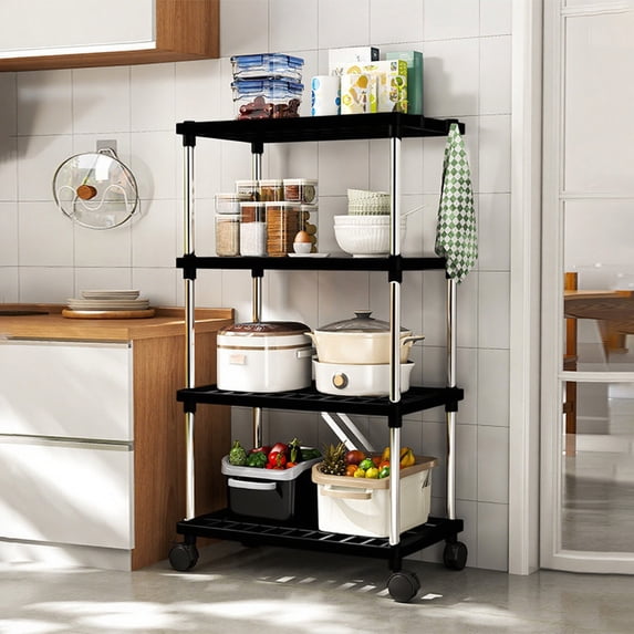4-Tier Large Size Storage Shelf,15.7x8.2x33Inch Kitchen Hollow-Out Storage Rack with 4 Hooks,Snack Storage Holders with Wheels,Durables and Easys to Install,Suitable for Kitchen Bathroom,Living Room