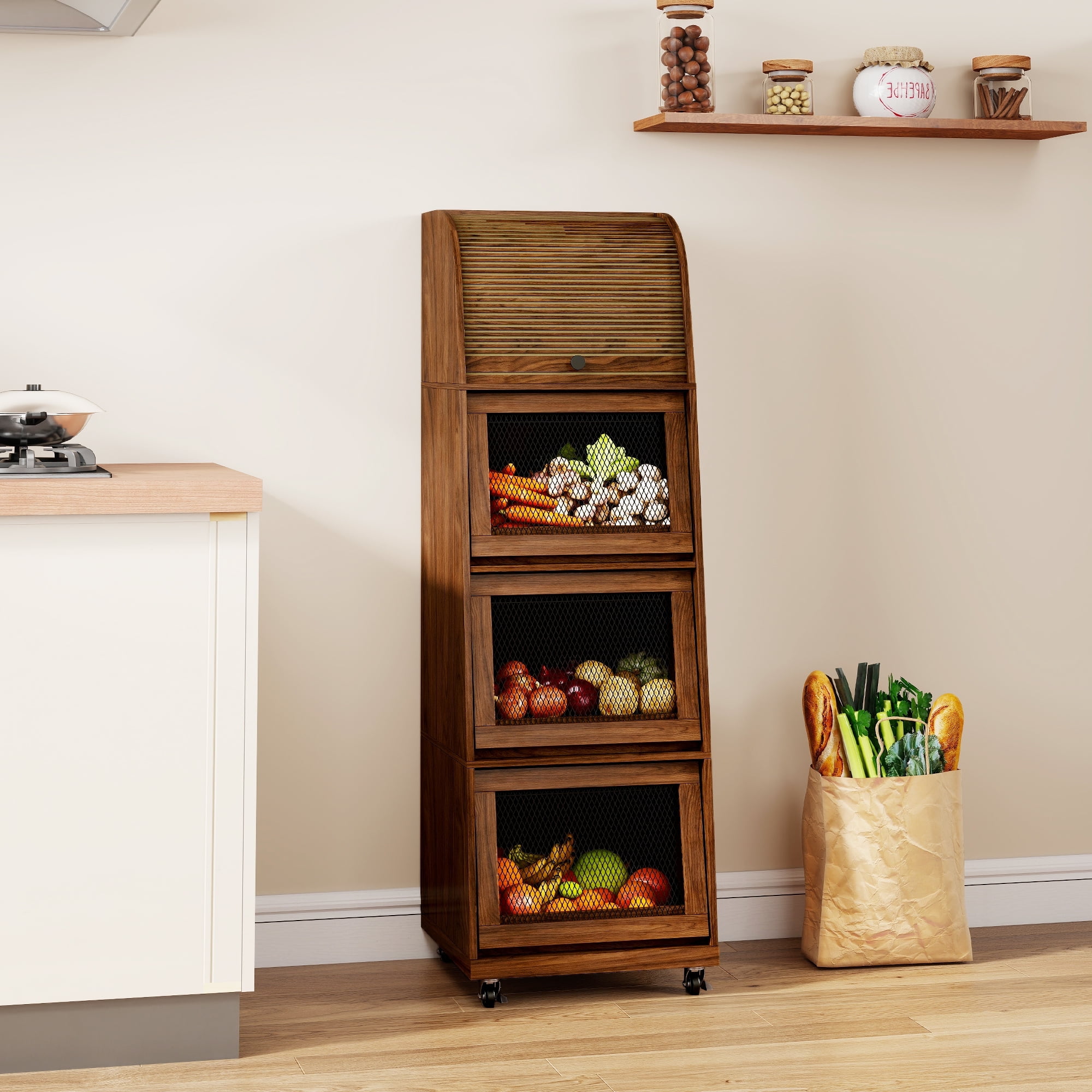 4 Tier Large Tall Potato Storage Bin with Wheel  Wood Food Small Kitchen Pantry Cabinet for Kitchen Living room