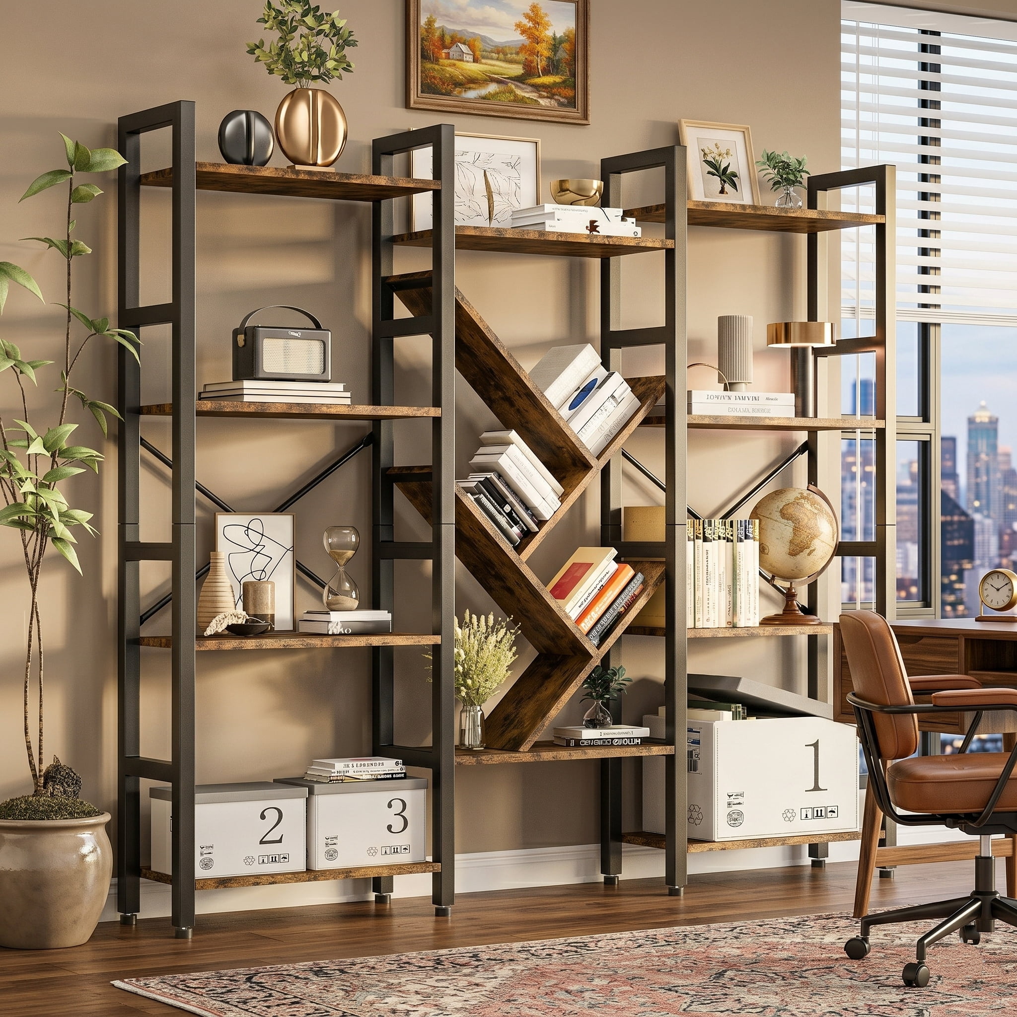 4-Tier Large Wooden Bookcase with 14 Open Display Shelves, Modern Tree Design, Metal Frame, Tall Bookshelf for Living Room, Office, or Study