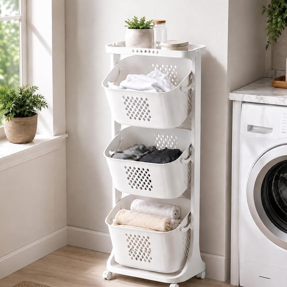 4 Tier Laundry Basket Organizer, 2026 New 46.5" Vertical Laundry Basket Organizer with Wheel, Stackable Removable Laundry Hamper Cart for Small Space, Dorm, Bathroom
