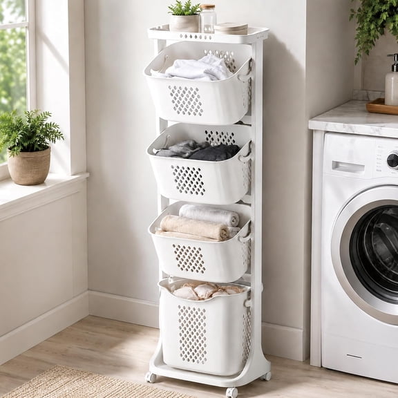 4 Tier Laundry Basket Organizer, Vertical Laundry Hamper Sorter with Wheels, Removable Stackable Baskets for Small Spaces, Bathroom, Dorm and Laundry Room 4-Tier