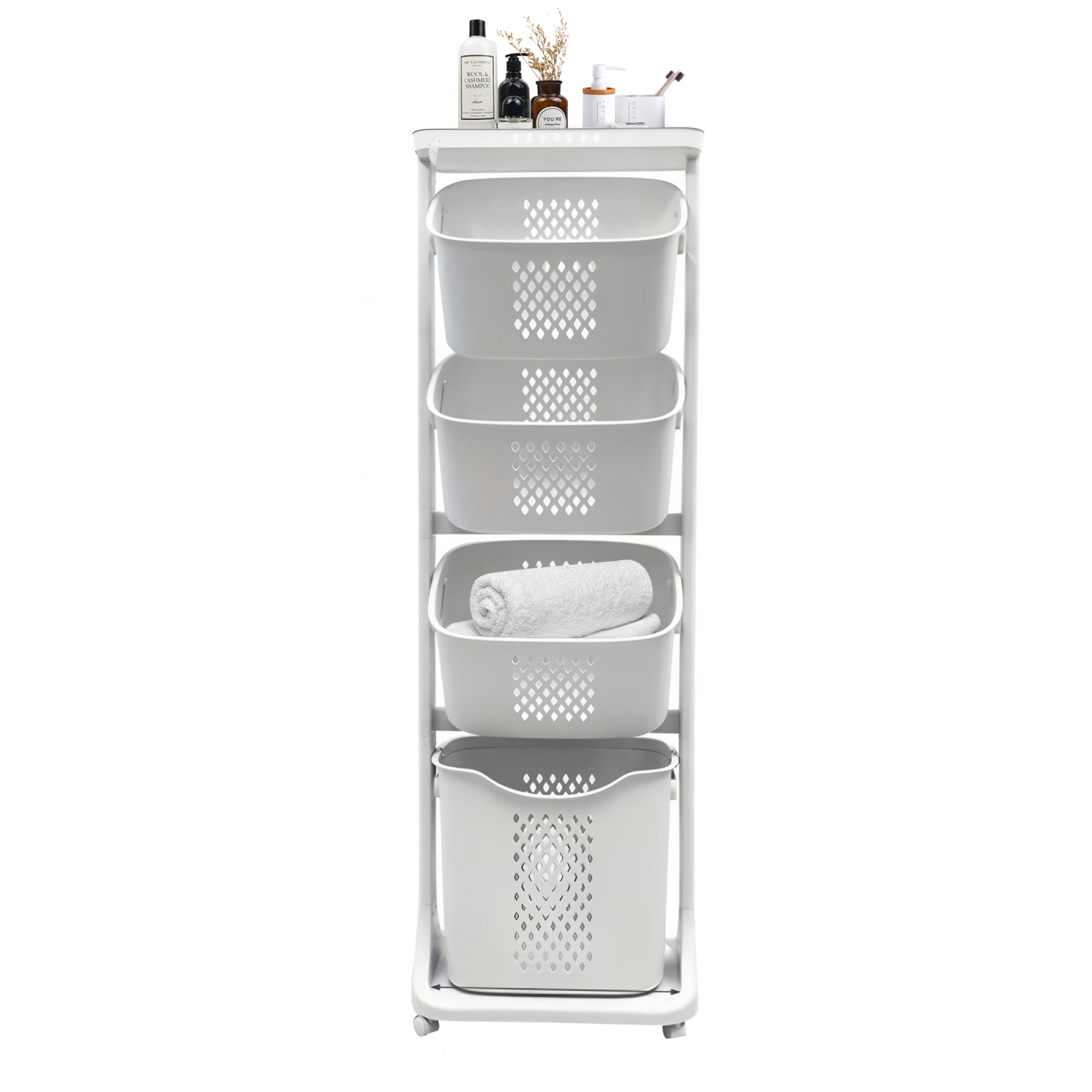 4-Tier Laundry Hamper Basket Sorter with Wheels Removable,Laundry Baskets,Bathroom Cart for Small Space,Bathroom,White