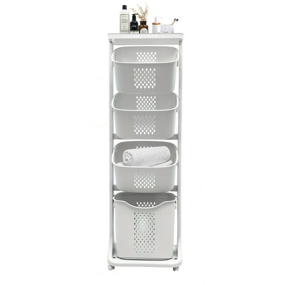 4-Tier Laundry Hamper Sorter, Laundry Storage Organizer with Wheels Removable Rolling Laundry Baskets, Bathroom Cart for Dirty Clothe