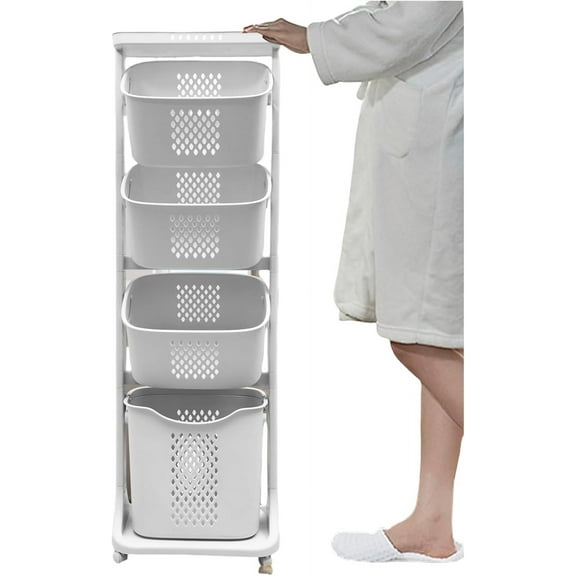 4-Tier Laundry Hamper Sorter, Laundry Storage Organizer with Wheels Removable Rolling Laundry Baskets, Bathroom Cart for Dirty Clothes