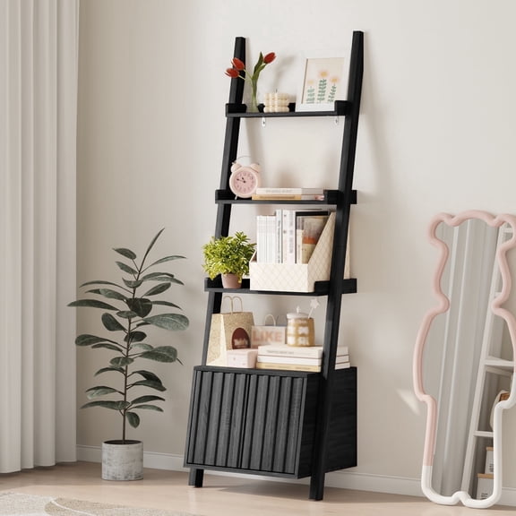 Pusnapku 5-Tier Leaning Bookshelf, 72" Wood Ladder Shelf with Fluted Storage Cabinet, Wall Mounted Display Rack for Living Room, Bedroom, Home Office