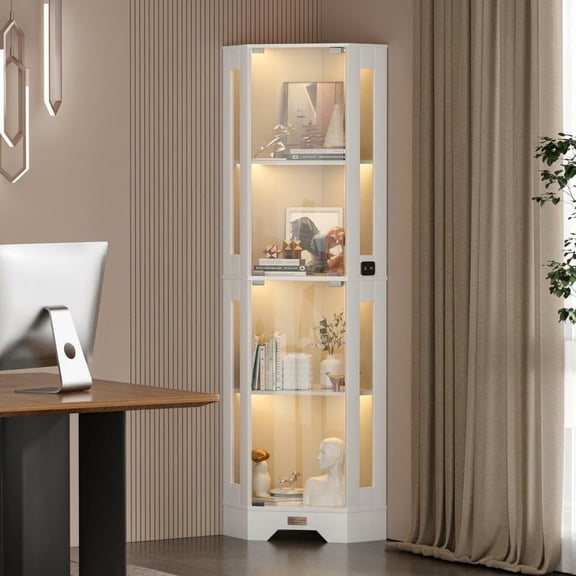 4-Tier Lighted Corner Curio Cabinet, Glass Display Case, White | Tempered glass china storage with motion sensor. 90 degree farmhouse collectible showcase for trophies and figurines.