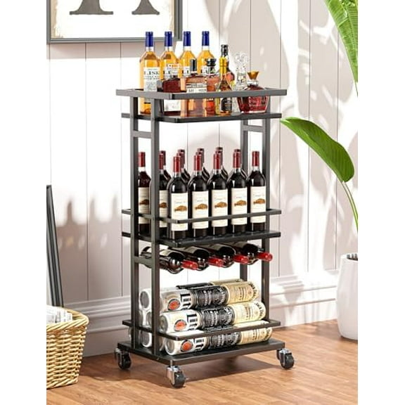 4-Tier Liquor Cabinet with Wine Rack, Mini Bar Cart for Home, Small Liquor Bar Cabinet for Alcohol, Rolling Kitchen Serving Cart on Wheels, Wine Drink Cart for Party, Bar Stand for Small Space