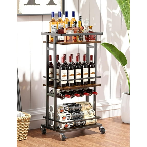4-Tier Liquor Cabinet with Wine Rack, Mini Bar Cart for Home, Small Liquor Bar Cabinet for Alcohol, Rolling Kitchen Serving Cart on Wheels, Wine Drink Cart for Party, Bar Stand for Small Space