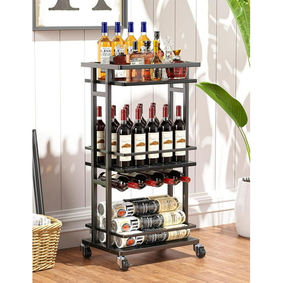 4-Tier Liquor Cabinet with Wine Rack, Mini Bar Cart for Home, Small Liquor Bar Cabinet for Alcohol, Rolling Kitchen Serving Cart on Wheels, Wine Drink Cart for Party, Bar Stand for Small Space