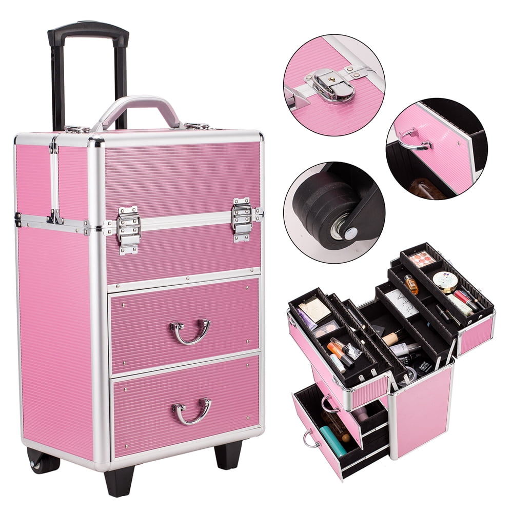 4 Tier Lockable Cosmetic Makeup Train Case with Extendable Trays, Pink
