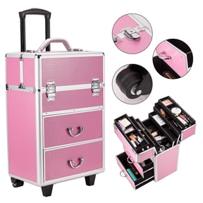 4 Tier Lockable Cosmetic Makeup Train Case with Extendable Trays, Pink