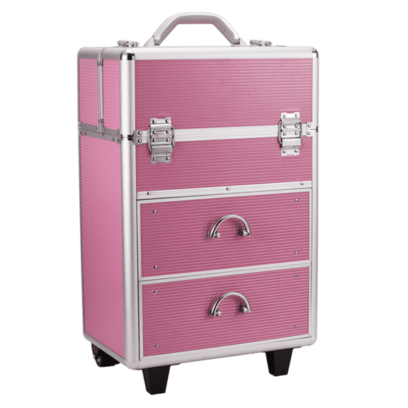 4Tier Lockable Makeup Train Case with Extendable Trays, Pink Portable Cosmetic Storage Box for Makeup Artists