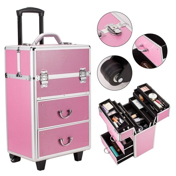 4 Tier Lockable Rolling Cosmetic Makeup Train Cases, Pink Wheels Rolling Cosmetic Case for Women, Cosmetic Organizer Makeup Case with Extendable Trays, WRWQ852