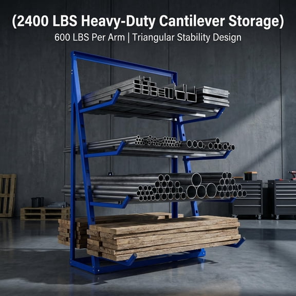4 Tier Lumber Storage Rack 600lbs Per Layer Alloy Steel Pipe Triangular Stable Design Lumber Rack for Garages, Adjustable Horizontal Pipe Rack with 4 Tier Shelf Arms