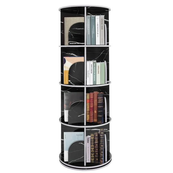 4-Tier Marble Round Rotating Display Bookshelf - Floor Standing Bedroom Bookcase, Home Office Black Organizer Storage Shelf for Books,CD Shelf