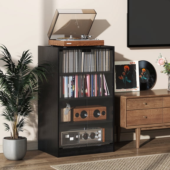4-Tier Media Cabinet Record Player Stand with Vinyl Storage, Stereo Audio Tower with Tempered Glass Door and Cable Management, Distressed Black