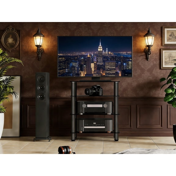 4-Tier Media Stand, Audio/Video Component Cabinet with Glass Shelf