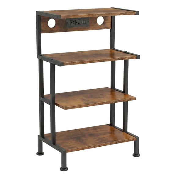 4-Tier Media Stand for Gaming Consoles with 3 Outlets & 2 USB – Heavy Duty Iron Frame, 200+ lbs, Record Player Shelf, Compatible with PS5, Xbox Series X/S, Switch