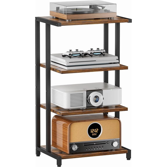 4-Tier Media Storage Stand, Audio Media Rack for Living Room, Gaming Room, Music Studio, Wooden Game Console Shelf for TV Accessories/Audiovisual Equipment/Optical Disc/PS4, Black