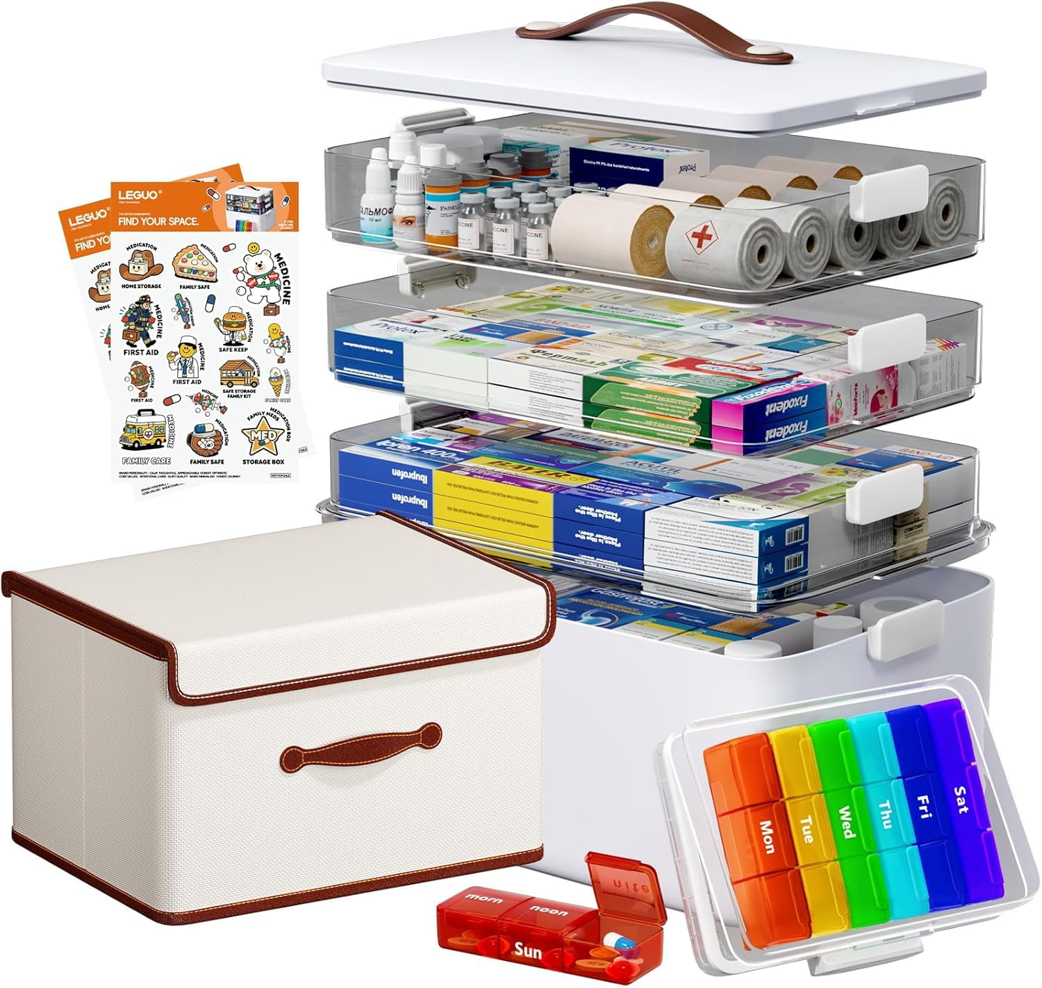 4-Tier Medicine Cabinet Organizer with Leather Handle, Empty Plastic First Aid Kit, Multipurpose Storage Box with A Portable Weekly Pill Organizer for Family Emergencies