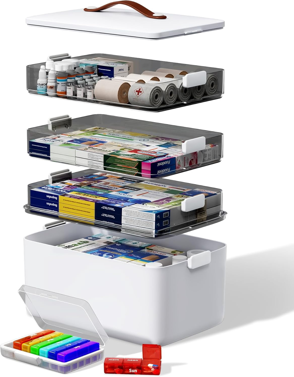 4-Tier Medicine Cabinet Organizer with Leather Handle, Empty Plastic First Aid Kit, Multipurpose Storage Box with A Portable Weekly Pill Organizer for Family Emergencies